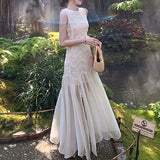 SHOPMOCHO-Women White Sleeveless Waist Skirt 2025 Summer New High End Dress Temperament Light Luxury Skirt
