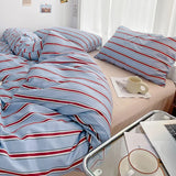 SHOPMOCHO Simple Red and Blue Striped Duvet Cover and Four Piece Bed Sheet Set with Washed Cotton Bedding on the Bed