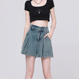 SHOPMOCHO Korean Casual High Waisted Pleated Denim Shorts For Women Spring Summer Baggy Jeans Shorts Y2k  A-Line Wide Leg Jeans