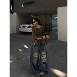 SHOPMOCHO ZHIZOU Women Blue Baggy Y2k Ripped Jeans Hip Hop Grunge Wide Jean Pants Vintage 2000s Harajuku Denim Trousers Clothes Summer
