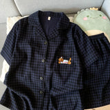 Shopmocho Embroidery Dog Sweet Fashion Cute Pajamas Set for Women Plaid Lapel Neck Elastic Waist Design Pajamas Short New Casual Nightwear