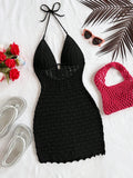 Shopmocho Soleia Summer Sexy V-Neck Hollow-Out Wooden Beads Fitted Dress, Vacation Spaghetti Strap Backless Ombre Knitted Dress, Suitable