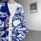 SHOPMOCHO Men Printed Sweater Coat Top quality V Neck Knitted Cardigan Autumn Lazy Chic Elegant Sweater Men High Street Hip Hop Oversized