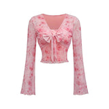 SHOPMOCHO Summer Women's Y2k Floral Printed Sweet V-Neck T-shirts Mesh Beach Party Dress Top Flare Sleeve Square Collar Lace Up Shirt 2025