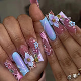 Shopmocho 24pcs Rhinestones Full Cover Nail Art Datachable Glitter French Press on Nails Tip Flower Long Square Fake Nail Pink False Nails