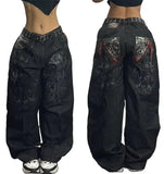 Shopmocho 2025 New American Trend Retro Hip-hop Embroidery Pattern Baggy Jeans For Men And Women Y2K Harajuku Gothic Wide Pants Streetwear