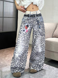 SHOPMOCHO 1PC Vintage Leopard Print High-Waist Loose Women's Jeans, Fashionable Design, Street Style Casual Versatile Wide-Leg Pants