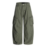 SHOPMOCHO Adjustable Waist American Retro Loose Straight Leg Women's Work Trousers Multiple Pockets Cleanfit Long Pants Comfortable Casual