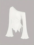 SHOPMOCHO women's New off shoulder cross long sleeved slim fit casual street style asymmetrical elegant T-shirt trumpet sleeve top