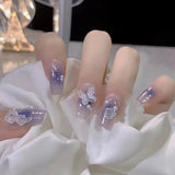 Shopmocho 24Pcs Pink Cat Blue Love Cute Short Ballet Press on False Nails Sweet French Cat Eye Bow Star Designs Style Detachable Nails Set