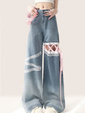 Shopmocho American Sweet Pantalones De Mujer Lace Patchwork Bandage High Waist Casual Loose Jeans Preppy Style All Match Women's Clothing