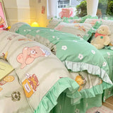 Shopmocho Cartoon Washed Cotton Bed Sheet Four-piece Set Non-cotton Thickened Brushed Quilt Cover Bed Skirt Style Princess Style Bedroom
