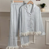 Shopmocho 2025 New Japanese Sleepwear Women's Summer Pajamas Long Sleeve Pajamas Set Ladies Satin Cute Home Clothes Two Piece Set