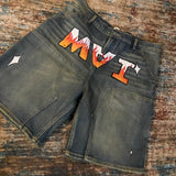 SHOPMOCHO Baggy Custom Paint Jorts Washe Number 8 Ball Denim Shorts Men Goth Y2k Harajuku Casual Sweatpants Wide Leg Short Streetwear