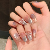 SHOPMOCHO 10pcs Purple Cat's Eye Handmade Fake Nails Tips Glitter Mid-length Oval Press on Nails Art Bow Rhinestone Design False Nail Sets