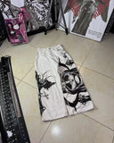 SHOPMOCHO Y2K Goth Streetwear Cargo Pants Beige Wide Leg Trousers with Red Floral Graffiti Print Loose Fit Casual Punk Hip Hop Bottoms