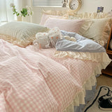 SHOPMOCHO Ruffled Pink Blue Duvet Cover Set Twin Queen Washed Microfiber Ultra Soft Bedding set Grid Duvet Cover Bed Sheet 2 Pillowcases