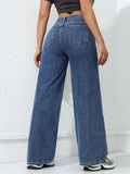 SHOPMOCHO Retro Loose Wide Leg Jeans Fashion Women Solid Straight Wash High Elastic Waist Denim Pants Casual Streetwear Pocket Trousers