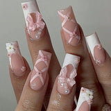 Shopmocho 24pcs Ballet Fake Nails Summer Pink White Bow Design French White Edge Flash Diamond High Saturation Full Coverage Fake Nai