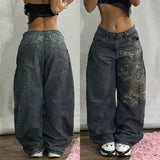 SHOPMOCHO American New Skull Embroidery Casual Baggy Jeans Women Y2K Street Harajuku Vintage Gothic High Waist Joker Wide Leg Pant Trouser