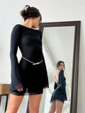 Shopmocho Female Sexy Long Black Dress Solid Colors Casual Floral Print Long Sleeve Backless Slim Fit A-line Dress