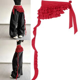 SHOPMOCHO Embroidered Flower Lace Mini Skirt Irregular See Through Ruched Skirts Lace-up Design High Waist Pleated Skirts