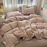 SHOPMOCHO Ruffles Bedding Set Floral Style Duvet Cover Pillowcase with Bedsheet Skin-friendly Bed Linen Set Girls Room Bedclothes