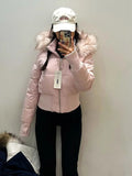 SHOPMOCHO American Retro Pink Fur Collar Hooded Short Cotton Coat Fashion High Street Fur Collar Hooded Cotton Coat Winter Jacket Women