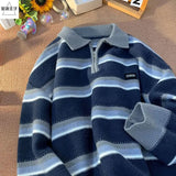 Shopmocho Korean hip-hop autumn and winter half zip polo collar striped sweater for men and women loose and trendy retro Harajuku casual