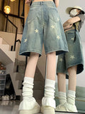 Shopmocho Women High Waist American Retro Washed Wide Leg Jeans Girls Street Do Old Star Loose Denim Pants Female Blue Knee Length Shorts