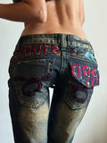 Shopmocho Y2k Vintage Embroidered Low Waist Jeans Blue Jeans Embroidered Diamonds Pocket Hip Hop Streetwear Harajuku Gothic Wide Pants