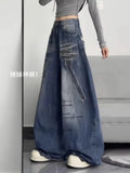 SHOPMOCHO Women Harajuku Streetwear Y2K Baggy Jeans High Street Wide Leg Curved Knife Denim Pants Vintage Washed Letter Design Trousers