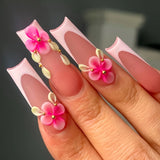 Shopmocho 24pcs Rhinestones Full Cover Nail Art Datachable Glitter French Press on Nails Tip Flower Long Square Fake Nail Pink False Nails