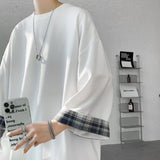 SHOPMOCHO men t shirts Summer Men's T-shirts Women Oversized 2XL Korean Style Loose Plaid T-shirt Casual Seven sleeves T-Shirt Male White