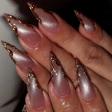 SHOPMOCHO 24pcs Golden Lines Patterns False Nails Dark Purple Blush French Fake Nails for Spice Girls Sweet Cool Almond Ins Nails Press On