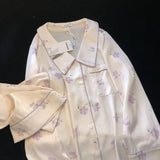 SHOPMOCHO 2026 New Ice Silk 2 Pieces Pajamas for Women Autumn Spring Women's Pajamas Set Elegant Ptinting Flower Home Wear Soft Sleepwear