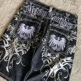 SHOPMOCHONew Streetwear American Denim Shorts Mens Womens Hip Hop Embroidery Printed Loose Shorts Gothic Retro Casual Basketball Shorts
