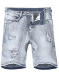 SHOPMOCHO Men's denim shorts with summer frayed elastic men's casual pants slim-fit European-style shorts tight and worn-out men's pants