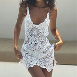 Shopmocho Combhasaki Women Summer Boho Knitted Crochet Halter Neck Swimsuit Coverups VNeck Hollow Out Irregular Hem Short Mini Beach Dress