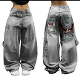 Shopmocho American Fashion Trend Joker Pattern Embroidered Loose Jeans Women Street Y2K New Hip Hop Oversized Wide-leg Pants Unisex Jeans