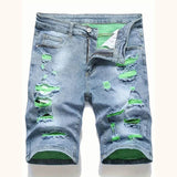 SHOPMOCHO Men's denim shorts with summer frayed elastic men's casual pants slim-fit European-style shorts tight and worn-out men's pants