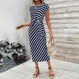 Shopmocho Elegant Waist Tie Striped Round Neck Short Sleeves Long Dress Summer Women's High-End Feel Women's Clothing Skirt