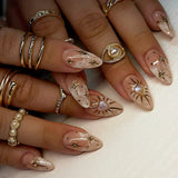 SHOPMOCHO 24Pcs Short Almond Fake Nails Butterfly Wings Nail Art with Glue Glitter Flower False Nails Acrylic Autumn Winter Press on Nail