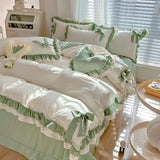 SHOPMOCHO Spring Green Princess Bedding Set Double Layer Lace Bow Quilt Cover Sheet And Pillowcase Simple Pastoral Girl Home Textiles