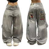 Shopmocho American Hip Hop Retro Gothic Print Jeans Women Y2K New Street Selling Fashion Loose Straight Wide Leg Pants Unisex Joker Jeans