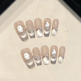 SHOPMOCHO 10pcs Aurora Cat Eye Handmade Press on Nails Pink Cherry Blossom False Nails Crystal Flower Pearl Fake Nails French Coffin Nail