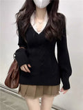 SHOPMOCHO Fashionable Retro V-neck Long-sleeved Sweater Japanese Sweet and Fashionable Knitted Sweater Millennium Y2k Long Sleeve Sweater