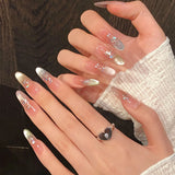 Shopmocho 10Pcs Reuse Finished Fake Nails with Butterfly Deisgn Pink Cat's Eye French Handmade Press on False Nails Wearable Nail Art Tips