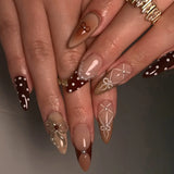 SHOPMOCHO Red Y2K Wearable Nail Art Chic Silver Butterfly Love Metal Bead Almond False Nails Detachable Finished Fake Nails Press on Nails