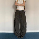 SHOPMOCHO Adjustable Waist American Retro Loose Straight Leg Women's Work Trousers Multiple Pockets Cleanfit Long Pants Comfortable Casual